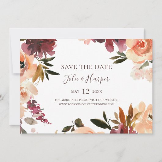 Bogundy Oranje Floral Horizontal Save the Date (Voorkant)