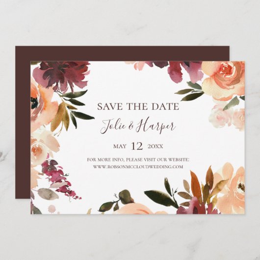 Bogundy Oranje Floral Horizontal Save the Date (Voorkant / Achterkant)