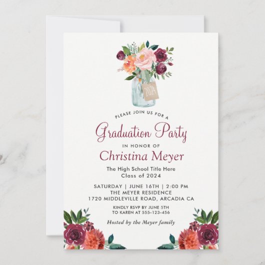Bogundy Oranje Floral Mason Jar Graduation Party Kaart (Voorkant)