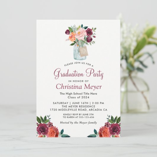 Bogundy Oranje Floral Mason Jar Graduation Party Kaart (Staand voorkant)