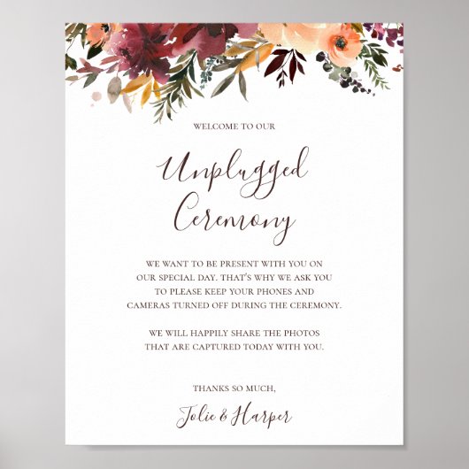 Bogundy Oranje Floral Unplugged Ceremony Sign Poster (Voorkant)