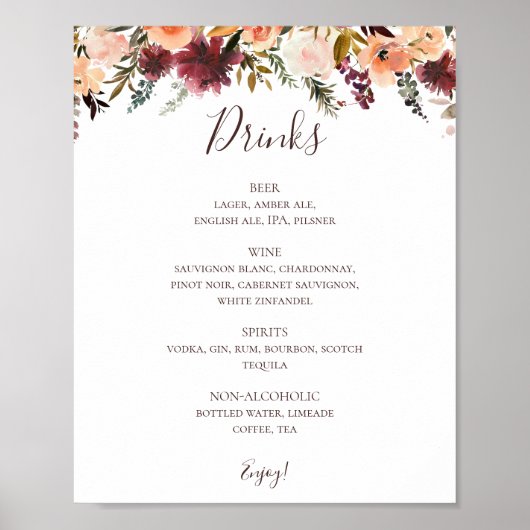 Bogundy Oranje Floral Wedding Drink Menu Sign Poster (Voorkant)
