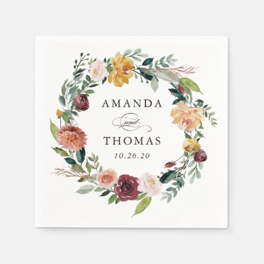 Bogundy Oranje najaar Herfst Floral Wreath Wedding Servet (Voorkant)