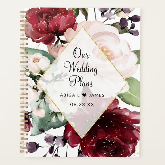 Bogundy Peach Floral Waterverf Gold Foil Wedding Planner (Voorkant)
