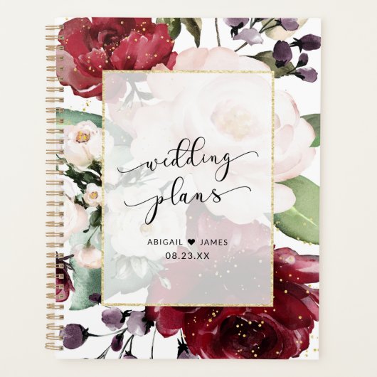 Bogundy Peach Floral Waterverf Gold Foil Wedding Planner (Voorkant)