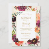 Bogundy + Perzikse Waterverf Floral Wedding Invita Kaart (Voorkant)