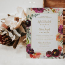 Bogundy + Perzikse Waterverf Floral Wedding Invita