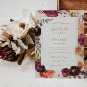 Bogundy + Perzikse Waterverf Floral Wedding Invita Kaart