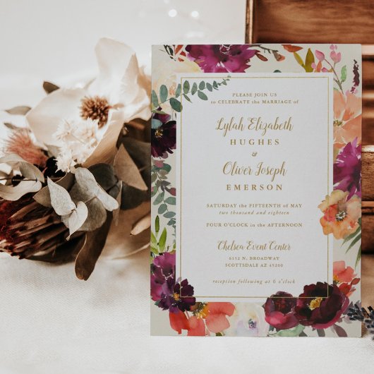 Bogundy + Perzikse Waterverf Floral Wedding Invita Kaart