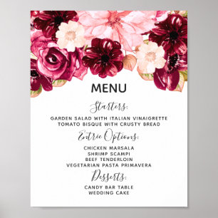 Bogundy & Pink Floral Wedding Menu Table Sign Poster