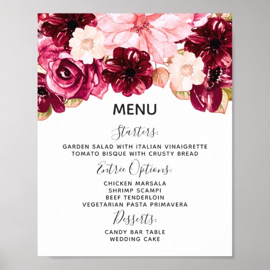 Bogundy & Pink Floral Wedding Menu Table Sign Poster (Voorkant)