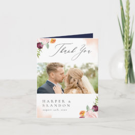 Bogundy Pink Navy Floral Botanical Dank je Bedankkaart