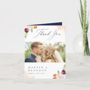 Bogundy Pink Navy Floral Botanical Dank je Bedankkaart