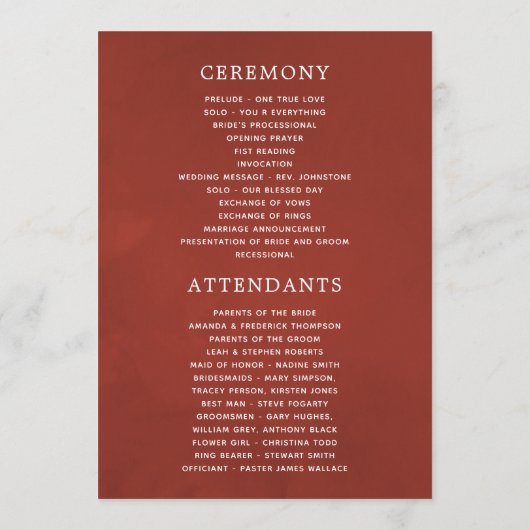 Bogundy Red en Gold  Floral Wedding Programmakaart (Achterkant)