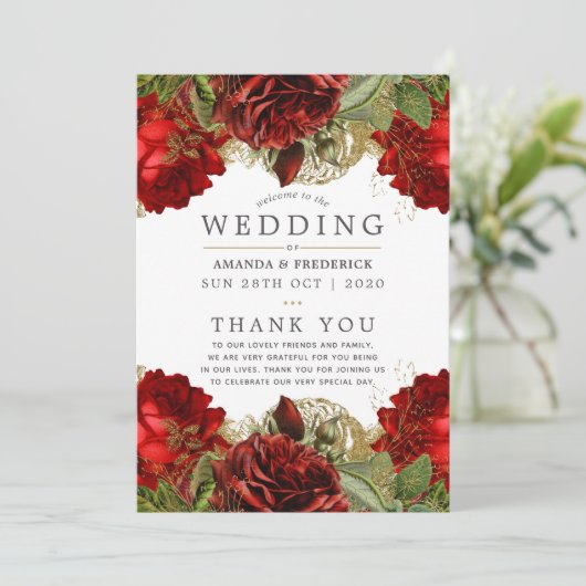 Bogundy Red en Gold  Floral Wedding Programmakaart (Staand voorkant)