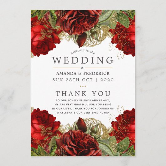 Bogundy Red en Gold Floral Wedding Programmakaart (Voorkant)