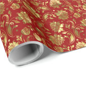 Bogundy Red en Shiny Gold  Floral Damaskers Cadeaupapier (Rol Hoek)