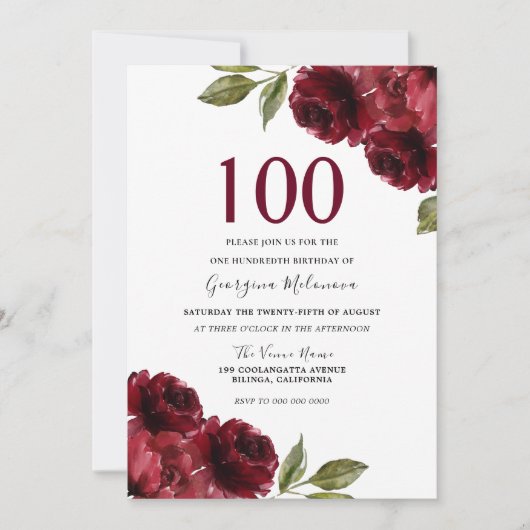 Bogundy Red Rose Floral Womans 100th Birthday Kaart (Voorkant)