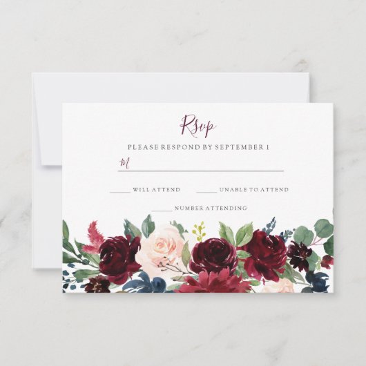 Bogundy Red Wine Flowers Elegant Wedding RSVP (Voorkant)