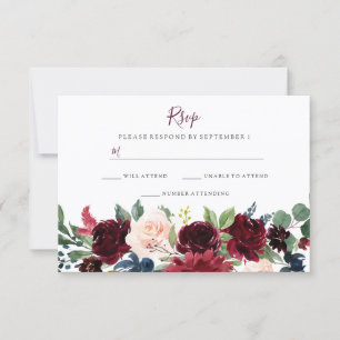 Bogundy Red Wine Flowers Elegant Wedding RSVP Kaartje
