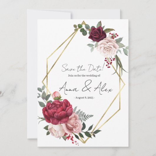 Bogundy Roos Floral Geometric Save the Date Kaart (Voorkant)