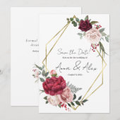 Bogundy Roos Floral Geometric Save the Date Kaart (Voorkant / Achterkant)