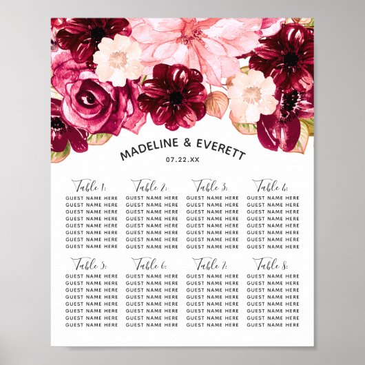 Bogundy & roze Floral Wedding Table Seating Chart Poster (Voorkant)