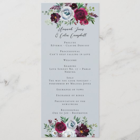 Bogundy Silver Grey Rozen Botanisch Programmakaart (Voorkant)