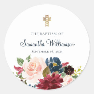 Bogundy Waterverf Floral Baptisme Ronde Sticker