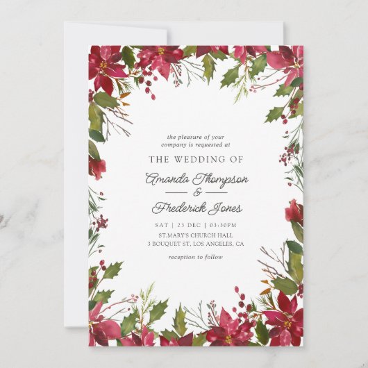 Bogundy Waterverf Floral kerstbruiloft Kaart (Voorkant)