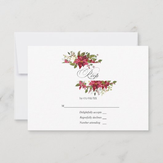 Bogundy Waterverf Floral kerstbruiloft RSVP Kaartje (Voorkant)