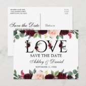 Bogundy Waterverf Floral Love Save the Date Aankondigingskaart (Voorkant / Achterkant)