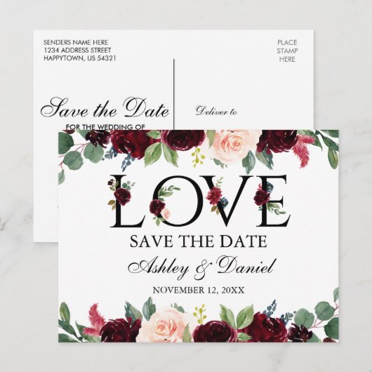 Bogundy Waterverf Floral Love Save the Date Aankondigingskaart (Voorkant / Achterkant)