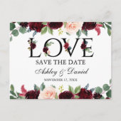 Bogundy Waterverf Floral Love Save the Date Aankondigingskaart (Voorkant)