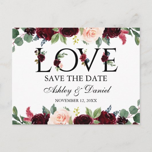 Bogundy Waterverf Floral Love Save the Date Aankondigingskaart (Voorkant)