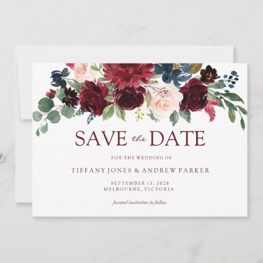 Bogundy Waterverf Floral Save the date (Voorkant)
