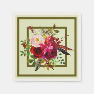 Bogundy Waterverf Flowers en Feathers Servet