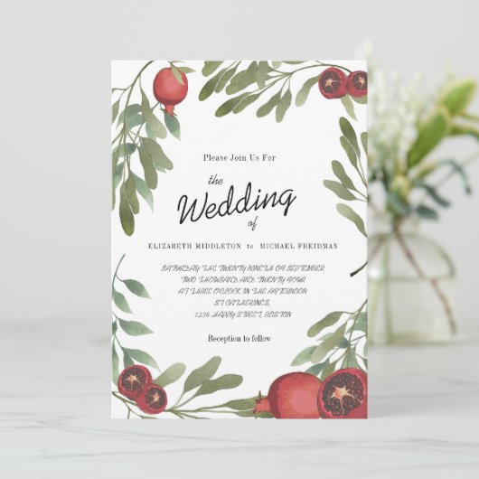 Bogundy Wedding Pomegranates Botanische Bladeren Kaart (Staand voorkant)
