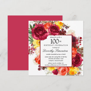 Bogundy Yellow Oranje Floral 100th Birthday Kaart