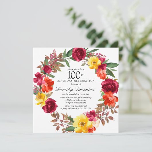 Bogundy Yellow Oranje Floral 100th Birthday Kaart (Staand voorkant)