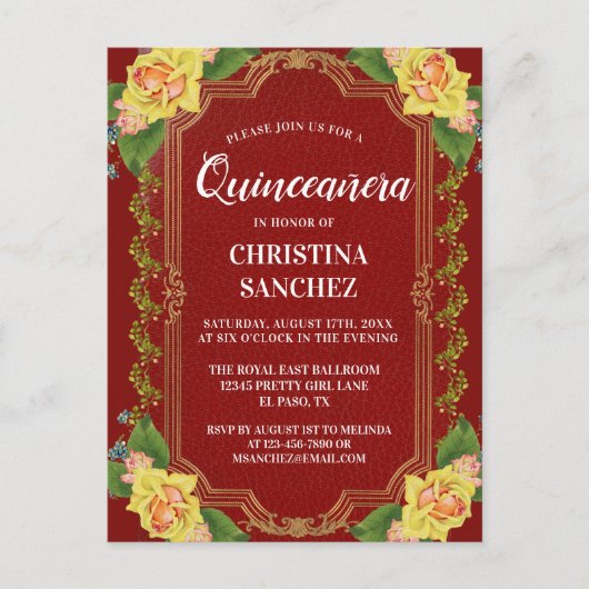 Bogundy Yellow Rose Quinceanera Birthday Briefkaart (Voorkant)