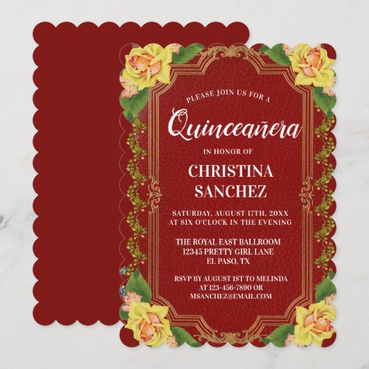  Bogundy Yellow Rose Quinceanera Birthday Kaart (Voorkant / Achterkant)