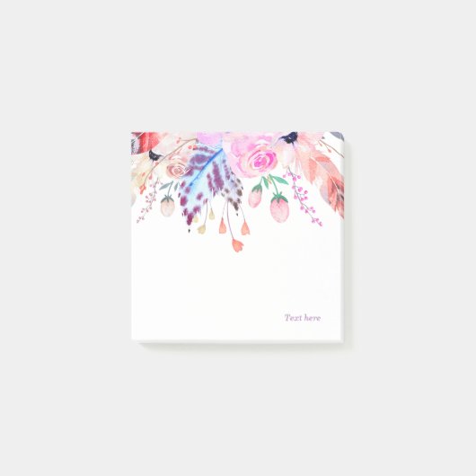 Bohaan, boho, roze, floreel, veer, trendy, post-it® notes (Voorkant)