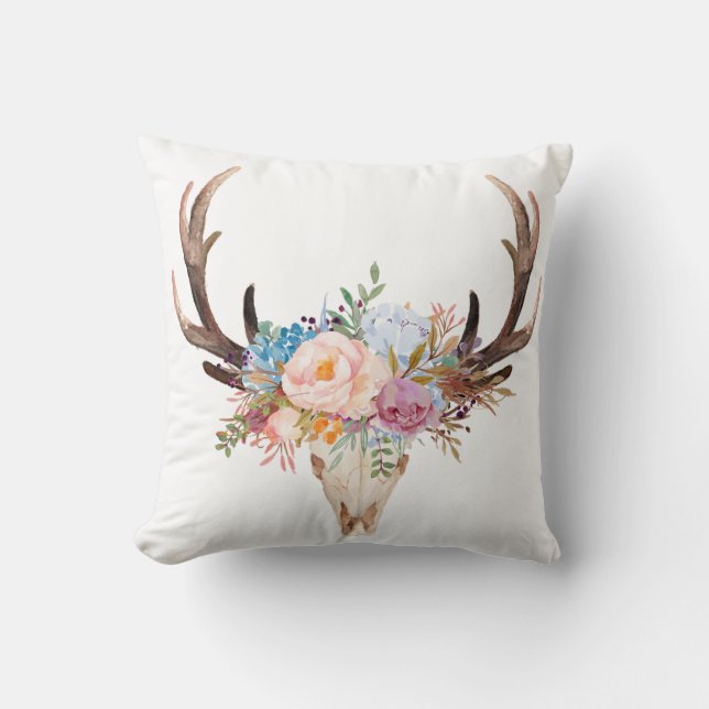 bohaan, bull skull, antler, boho floral kussen (Voorkant)