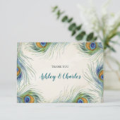 Boheamian Peacock Feather Elegant Blauwgroen bruil Bedankkaart (Staand voorkant)