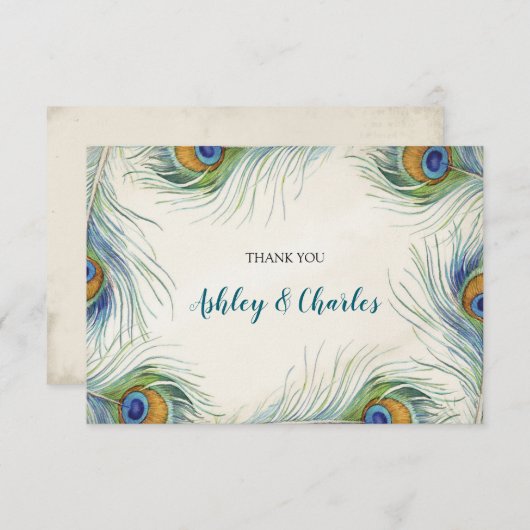 Boheamian Peacock Feather Elegant Blauwgroen bruil Bedankkaart (Voorkant / Achterkant)
