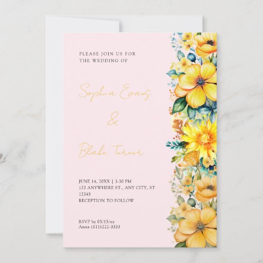 Boheem Geel Bloemig Roze Bruiloft Kaart (Voorkant)