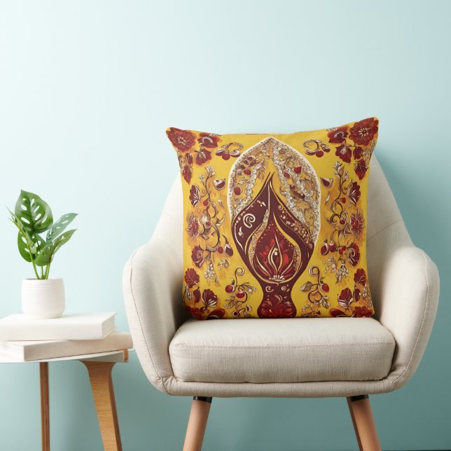 Boheem Geel & Maroon Bloemenkussen Kussen (Stoel)