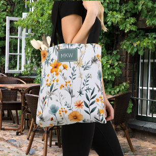 Boheem grijs, salie & goud bloemend monogram tote bag