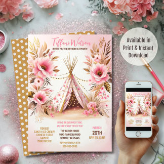 Boheem Roze Bloemenschitterlichten Slaapfeestje Kaart